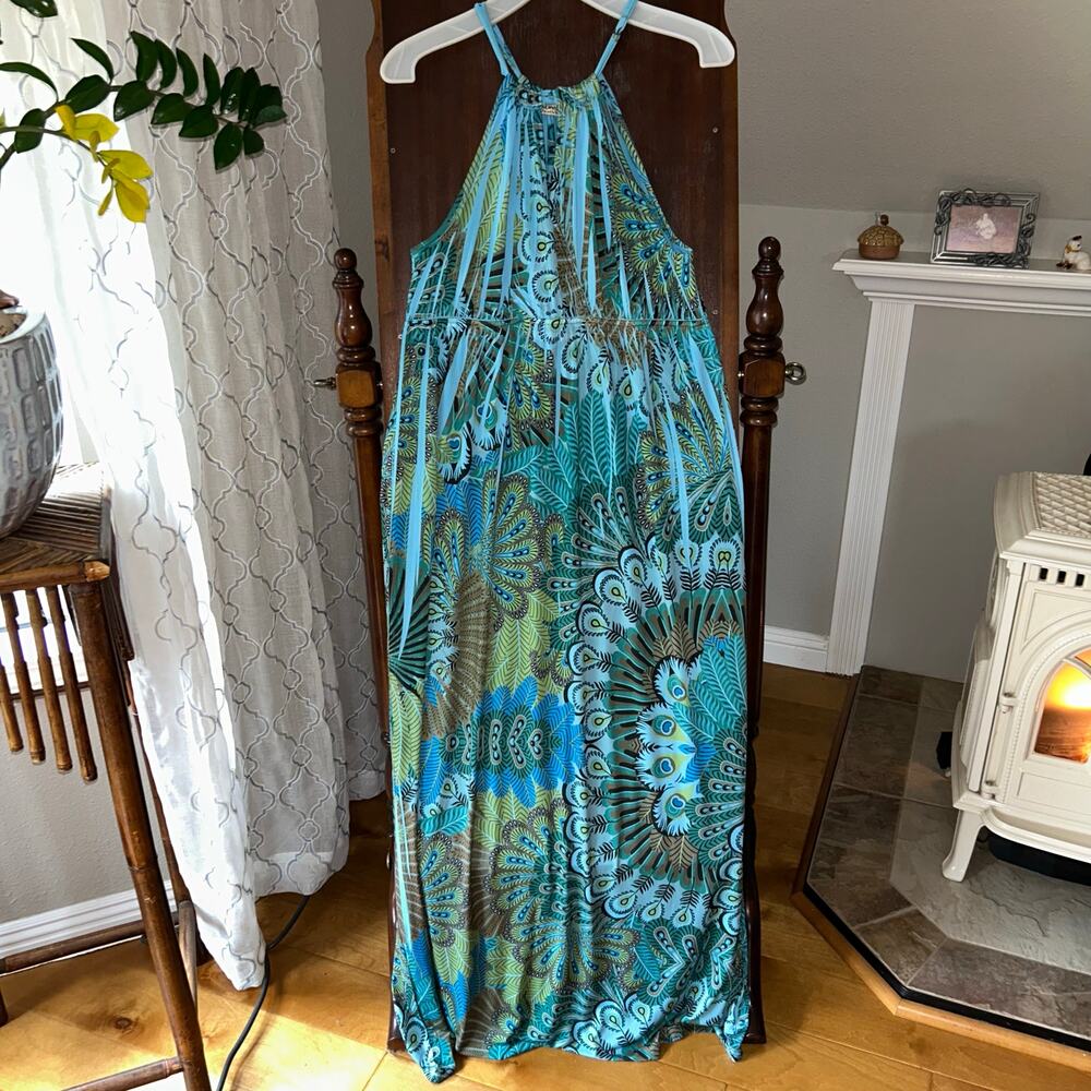 One world XL blue peacock maxi dress